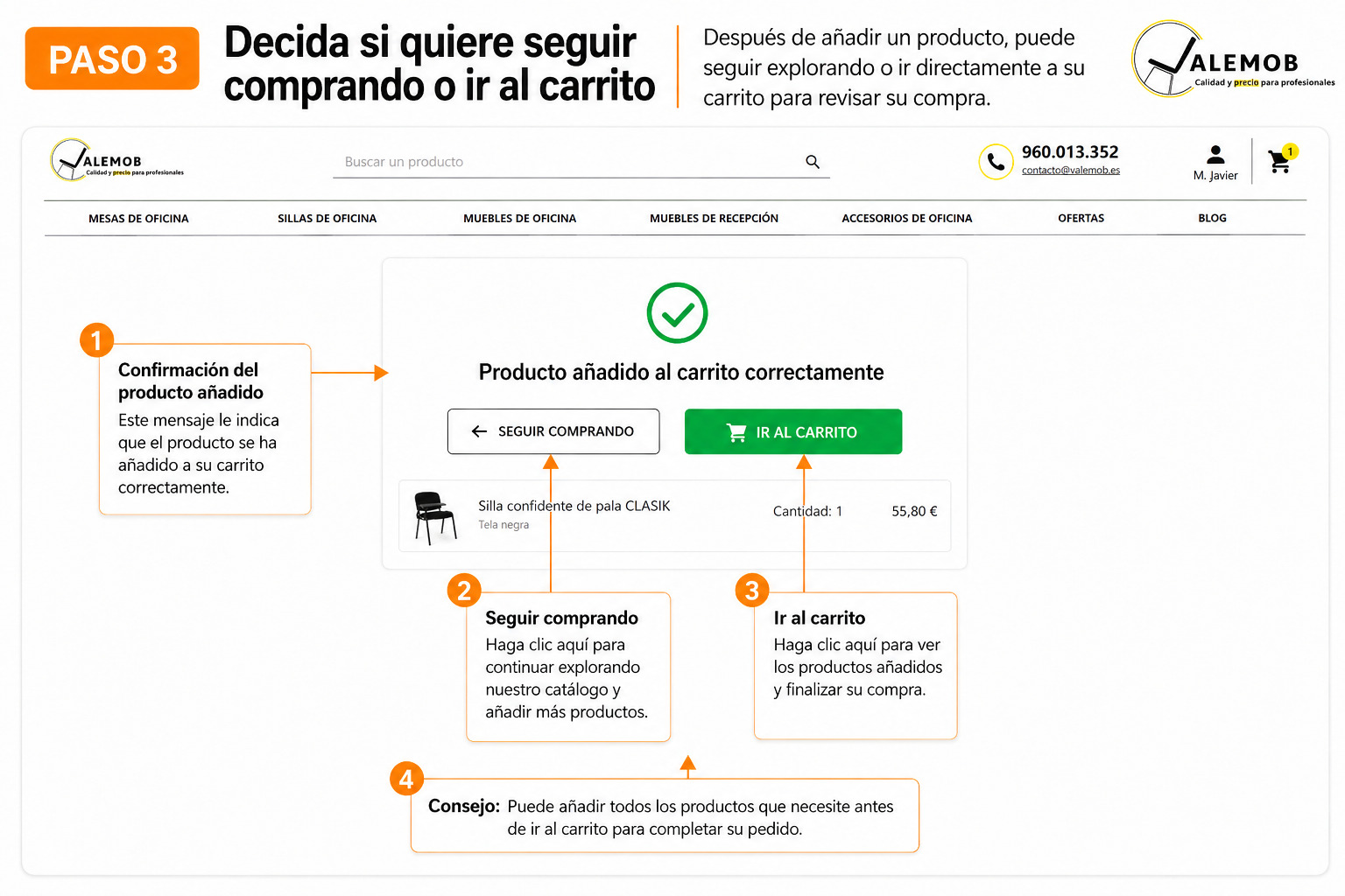 Cómo solicitar un presupuesto en Valemob - Paso 3 Paso 3 - Continuar comprando o acceder al carrito en Valemob