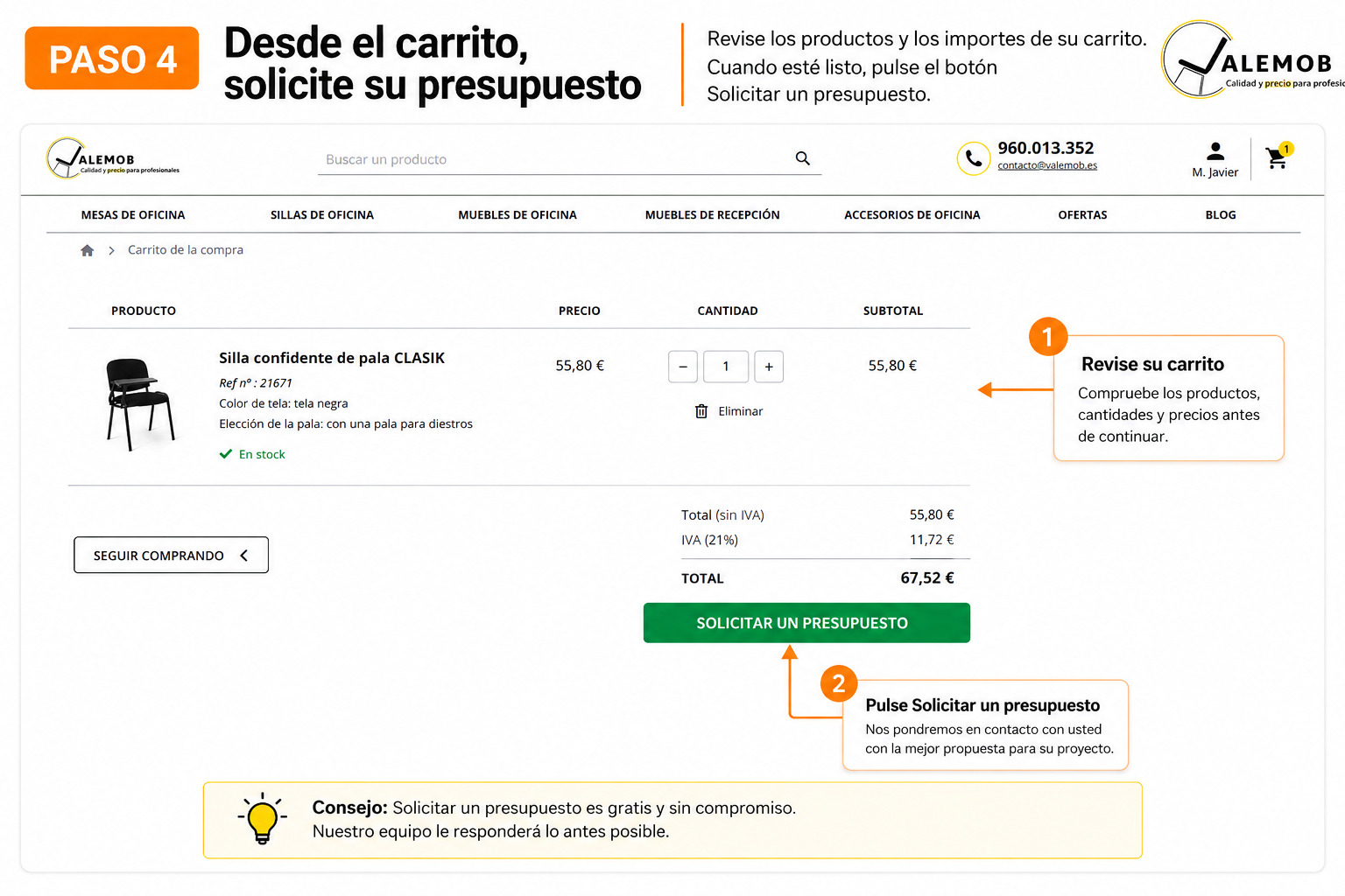 Cómo solicitar un presupuesto en Valemob - Paso 4 Paso 4 - Solicitar un presupuesto desde el carrito de Valemob