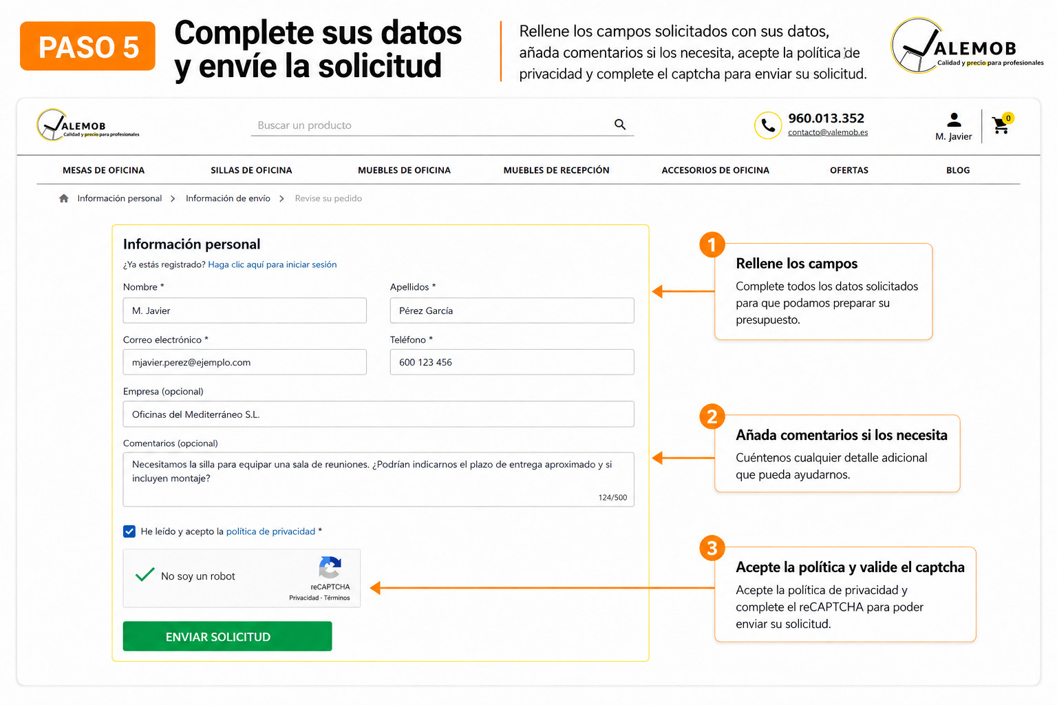Cómo solicitar un presupuesto en Valemob - Paso 5 Paso 5 - Completar los datos y enviar una solicitud de presupuesto a Valemob